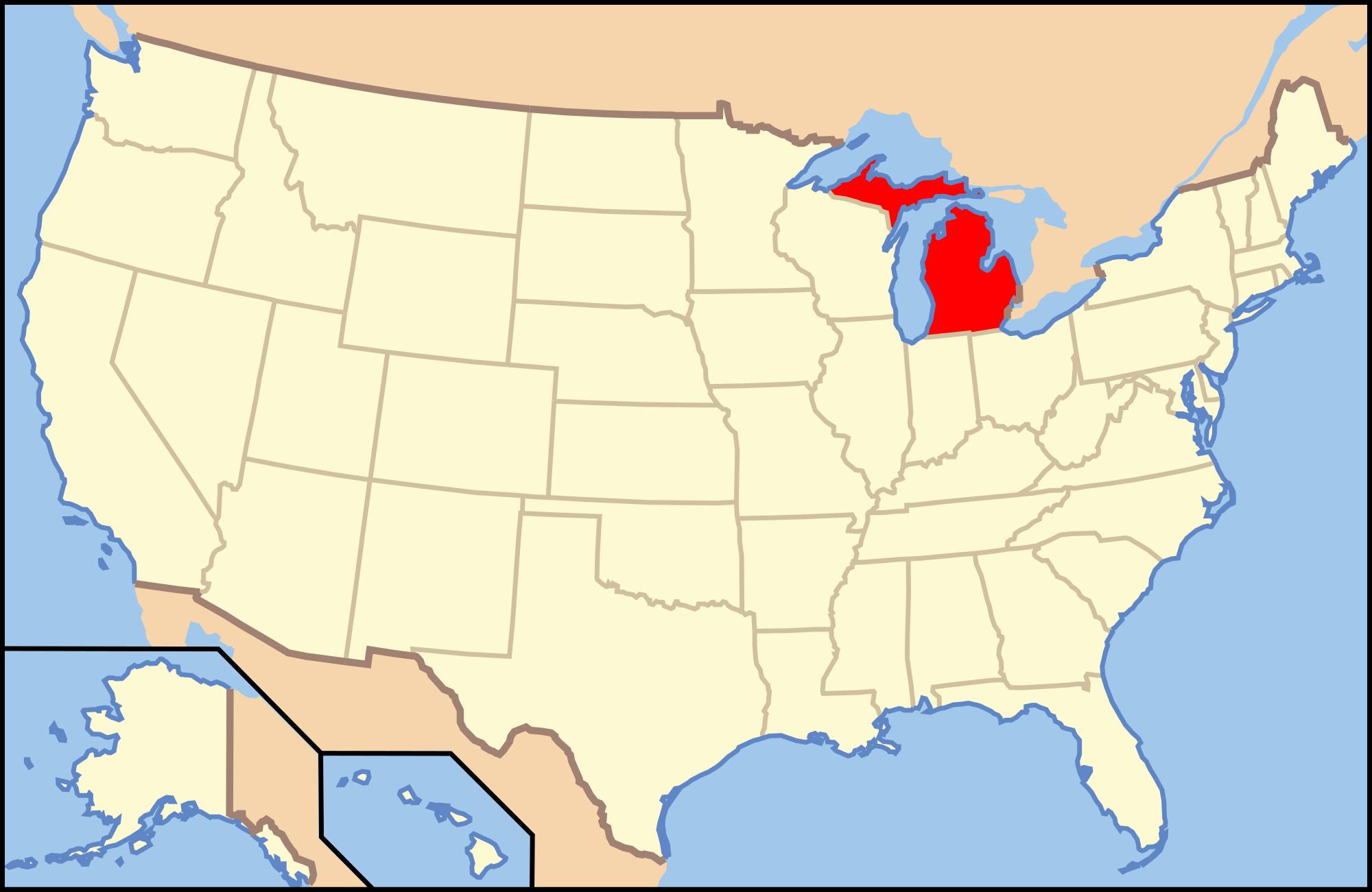Map of the United States outlining the states. All states are tan except for Michigan which is red.